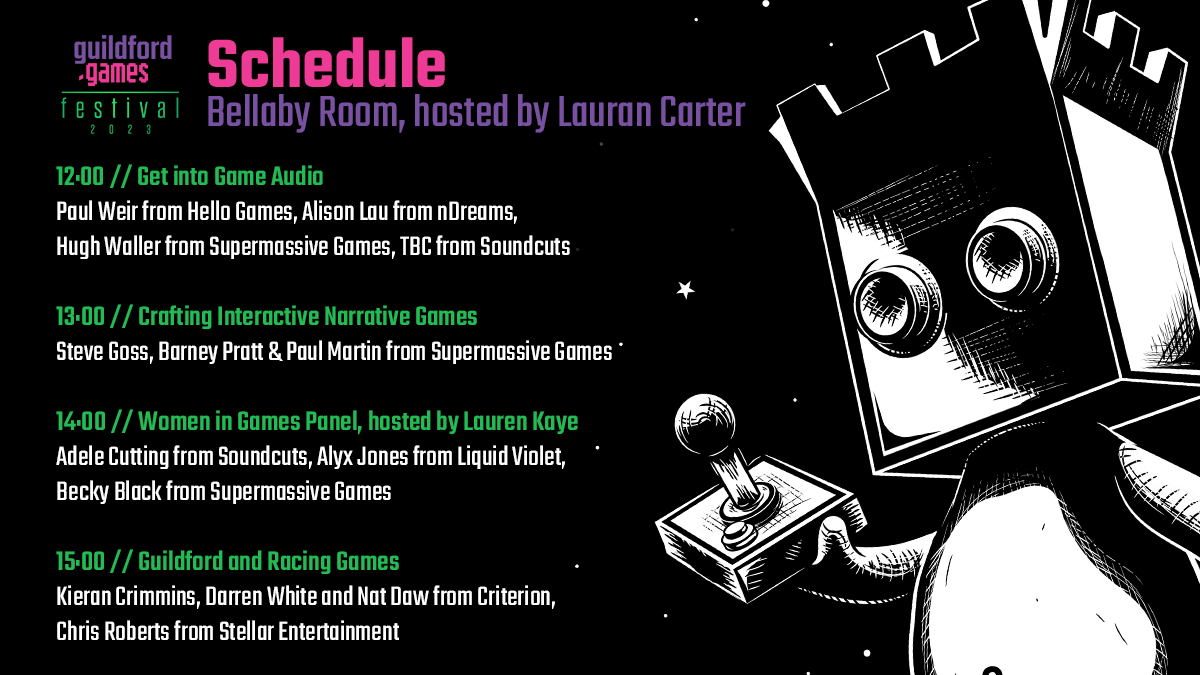 The schedule for The Guildford.Games Festival, Bellaby Room