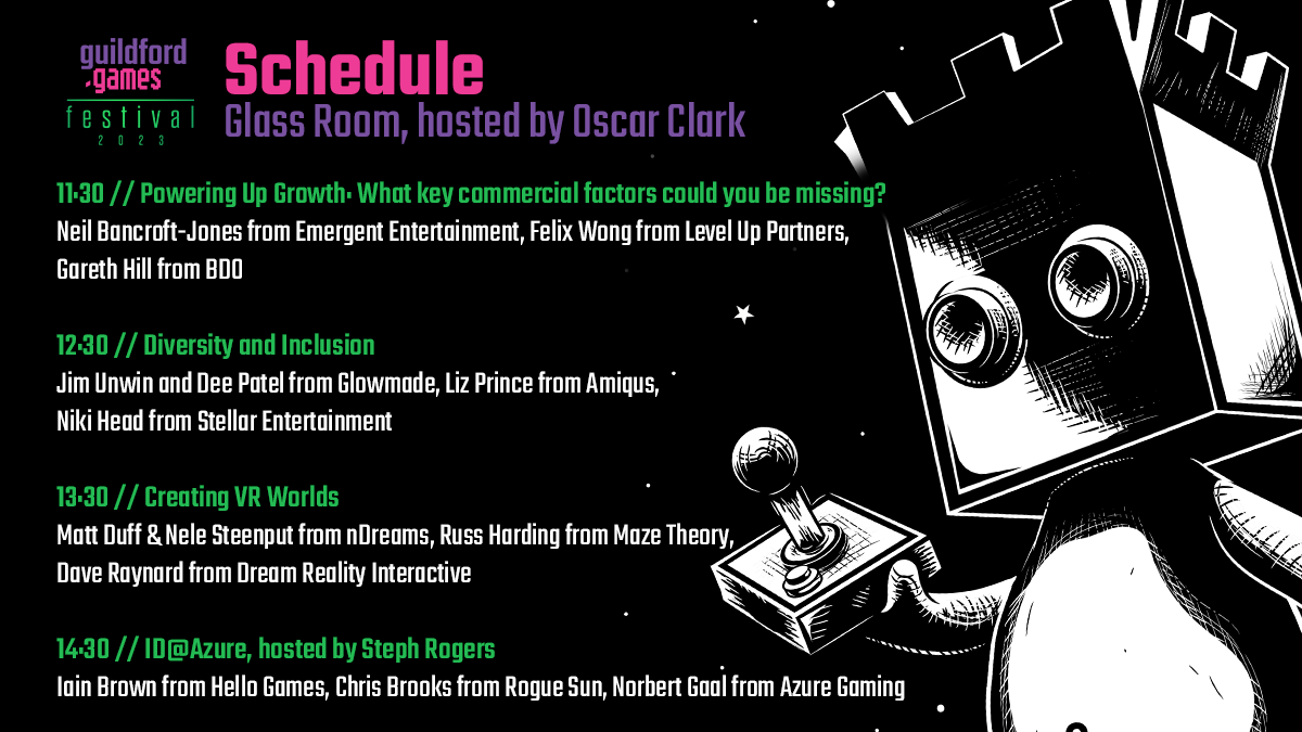 Glass Room schedule for the Guildford.Games Festival